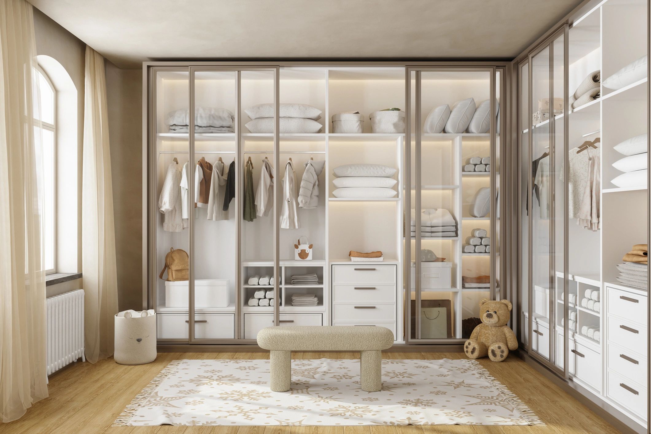 Luxurious walk-in closet with glass cabinet and arched window
